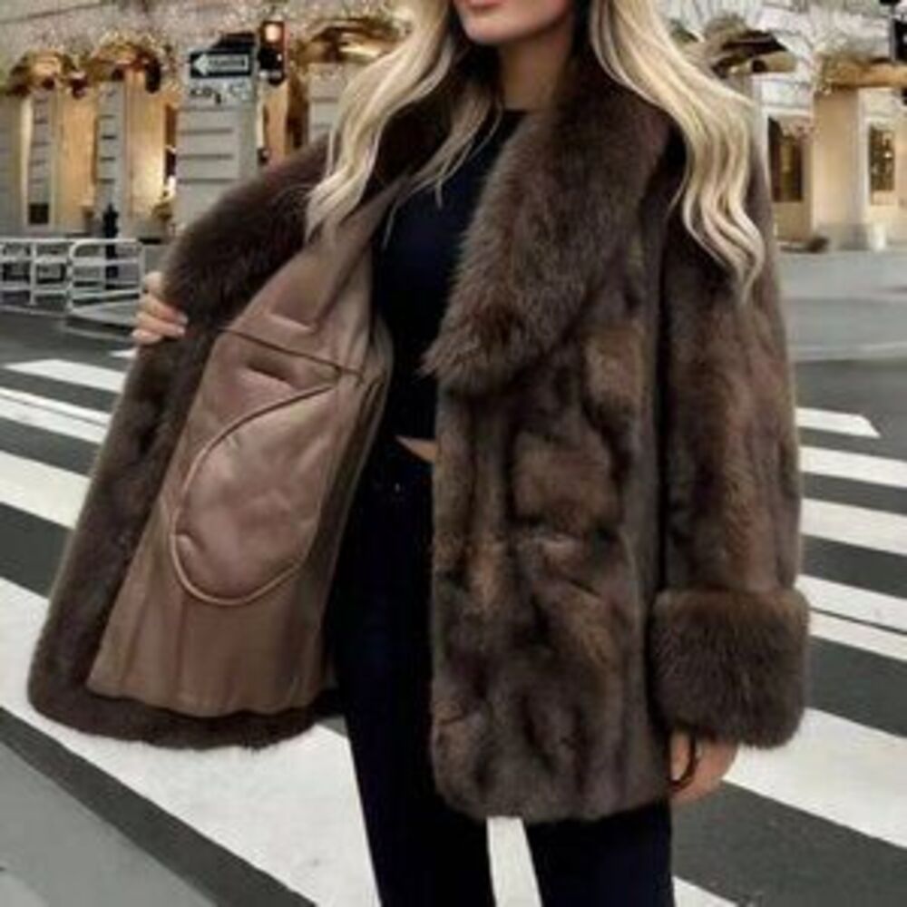Coffee Brown Women's Christmas Faux Fur Long Sleeve Coat - Picture 5 of 5